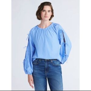 Free Assembly Stripe Gathered Neck Tie Sleeve Top Small